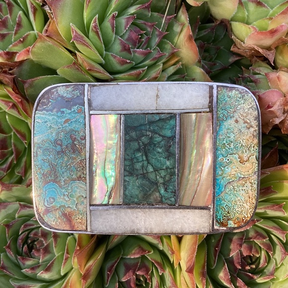 Vintage Silver Turquoise Mother Of Pearl Quartz Stones Inlay Belt Buckle - Picture 12 of 14